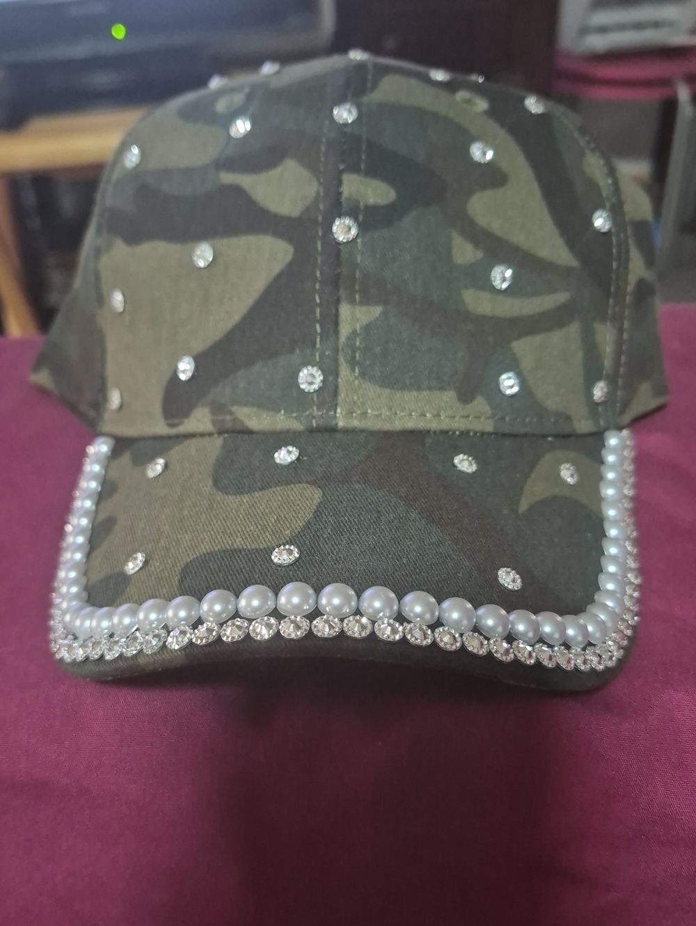 Womens Camo Baseball Cap with Rhinestones and Pearls.  No Brand (Bling)